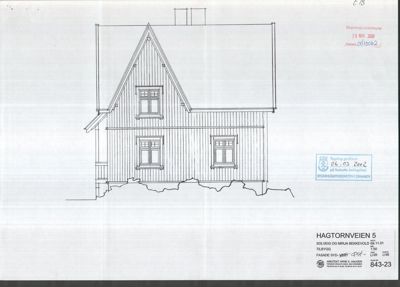 Fasadetegning av et hus sett fra syd.