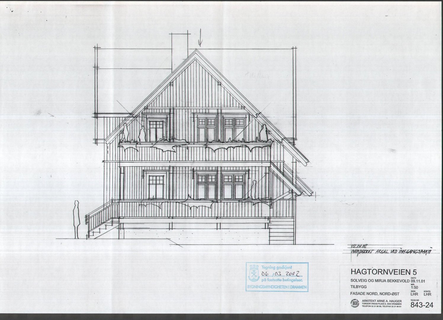 Fasadetegning av en toetasjes bygning sett fra nord-øst.