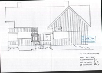 Fasadetegning som viser bygningens utseende sett fra nord-vest.