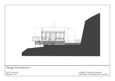 Snittegning (Snitt B-B) som viser tverrsnittet av en bygning med støttekonstruksjoner og terrengforhold.