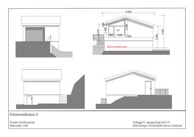 Fasadetegning som viser utsiden av en bygning med mål og detaljer for utvidelse av garasje.