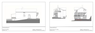 Bildet viser to fasadetegninger (opprikk) av en bolig på Grimserudveien 5. Venstre viser fasaden mot sørøst, og høyre viser fasaden mot sørvest.