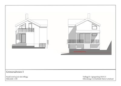 Fasadetegning som viser bygningens utseende sett fra nord og sør, inkludert detaljer om tilbygg.
