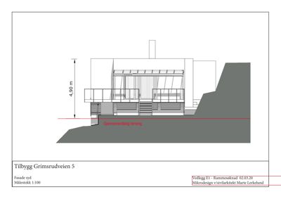 Fasadetegning (opprikk) av bygningen sett fra sør, med angivelse av høyde over gjennomsnittlig terreng.
