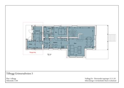 Etasjeplan (1. etasje) for en bolig ved Grimsrudveien 5, som viser romfordeling og mål.
