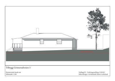 Tegning av eksisterende fasade øst for en bygning ved Grimsrudveien 5, inkludert terrengforhold og et tre.
