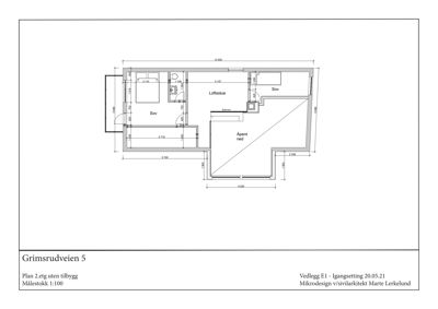 Etasjeplan for 2. etasje uten tilbygg, som viser romfordeling (soverom, bad, stue) og mål.