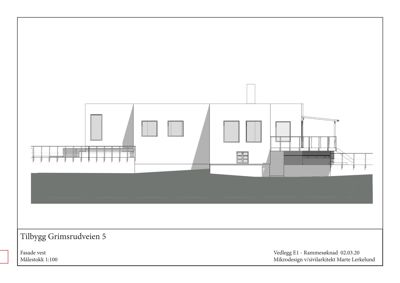 Fasadetegning (opprikk) av bygningens vestside, inkludert vinduer, balkonger og taklinje.