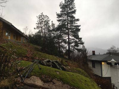 Fotografi av to hus på en skråning med trær og grønt i bakgrunnen.