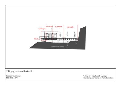 Tegning som viser fasaden mot sør med støttemur, mål og terrengforhold.