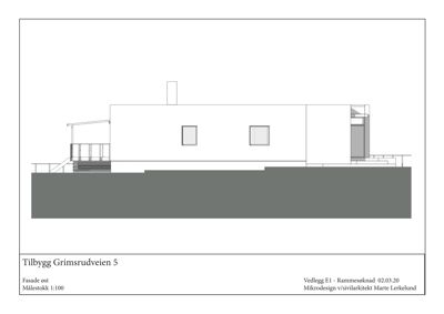 Fasadetegning (opprikk) av en bygning sett fra øst, med visuell fremstilling av fasadens form, vinduer og terrassetrinn.