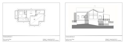 Bildet viser en plantegning (til venstre) og et fasadeoppriss (til høyre) for Grimserudveien 5.