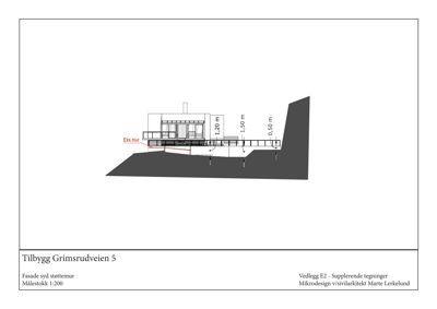 Fasadetegning som viser bygningens utseende sett fra syd, inkludert eksisterende mur og støttemurer.