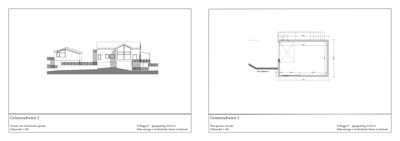 Bildet viser to tegninger av en bygning: til venstre en fasade (opprikk) og til høyre en plan (etasjeplan).