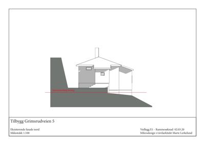 Tegning som viser eksisterende fasade nord for en bygning ved Grimsrudveien 5.