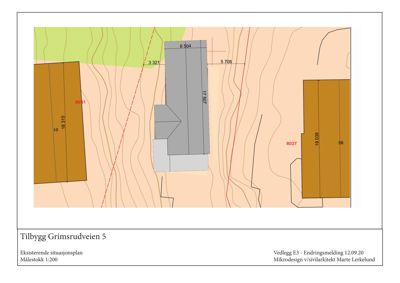 Eksisterende situasjonsplan for Tilbygg Grimsrudveien 5, som viser tomtegrenser, høydemålerlinjer og eksisterende bygninger.