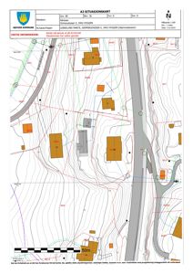 Situasjonskart som viser eiendomsgranser, høydemålerlinjer, eksisterende bygninger og infrastruktur i området.