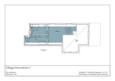 Etasjeplan for en loftsetasje med romfordeling (soverom, loftsstue), trapp og mål. Tegningen er merket 'Plan loftsetasje' og viser BRP (Bruksareal).