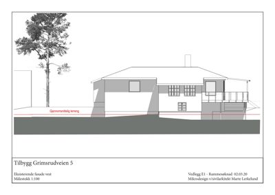 Tegning som viser fasaden på en eksisterende bygning sett fra vest. Tegningen inkluderer terrengforhold og er merket som 'Eksisterende fasade vest'.