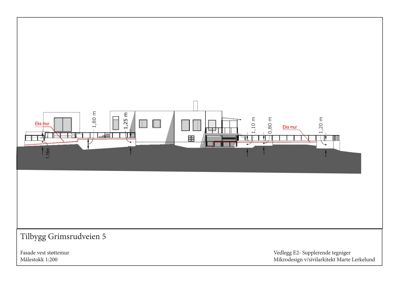Tegning som viser fasaden mot vest med støttemur, høydemål og eksisterende murverk.
