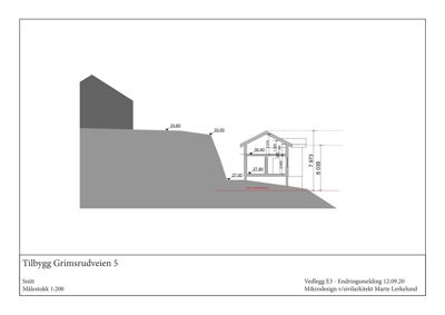 Snittegning som viser bygningens tverrsnitt, høyder, terrengforhold og forhold til nabobygning.