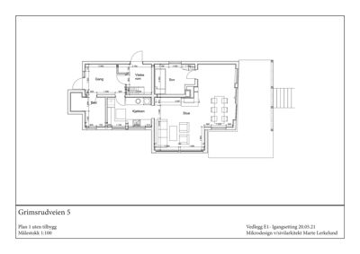 Etasjeplan (Plan 1 uten tilbygg) for Grimsrudveien 5, som viser romfordeling, dimensjoner og møblering.