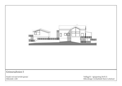 Fasadetegning av en bygning med utvidet garasje, sett fra vest.