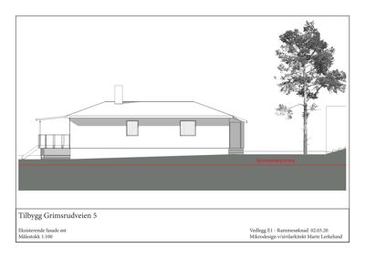 Tegning som viser eksisterende fasade mot øst for en bygning ved Grimsrudveien 5.