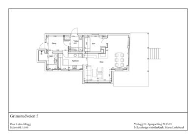 Etasjeplan (Plan 1) for en bolig ved Grimsrudveien 5, som viser romfordeling og målestokk.