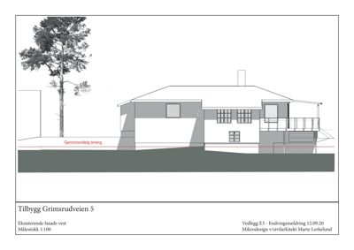 Tegning som viser fasaden til en eksisterende bygning sett fra vest. Tegningen inkluderer terrenglinjer og en markering for gjennomsnittlig terreng.