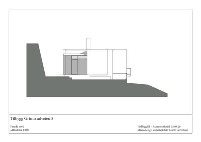Fasadetegning (opprikk) av en bygning sett fra nord.
