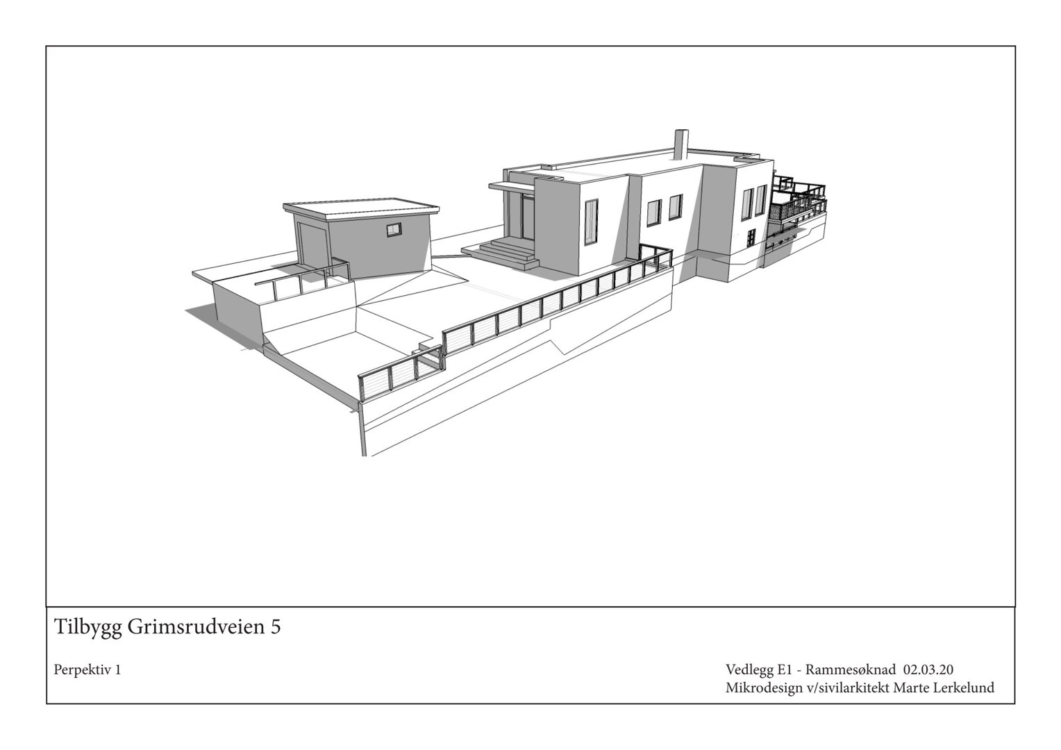 3D-visualisering (rendering) av et nytt byggprosjekt (Tilbygg Grimsrudveien 5) sett fra et bestemt perspektiv.