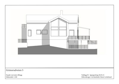 Fasadetegning av en villa med tilbygg, vist fra vest.