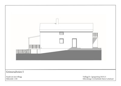 Fasadetegning av en bygning med trapp og balkong, sett fra øst.
