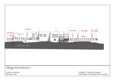 Tegning som viser fasadevest støttemur med mål og eksisterende murverk.