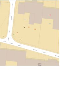 Situasjonsplan som viser eiendomsgrenser, vegforløp (Bekke søndre) og arealoppdelinger (A, B, C1, C2) med målestokk.