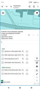 Kartvisning fra Høydedata med koordinater og liste over tilgjengelige LIDAR- og bilde-data for området.