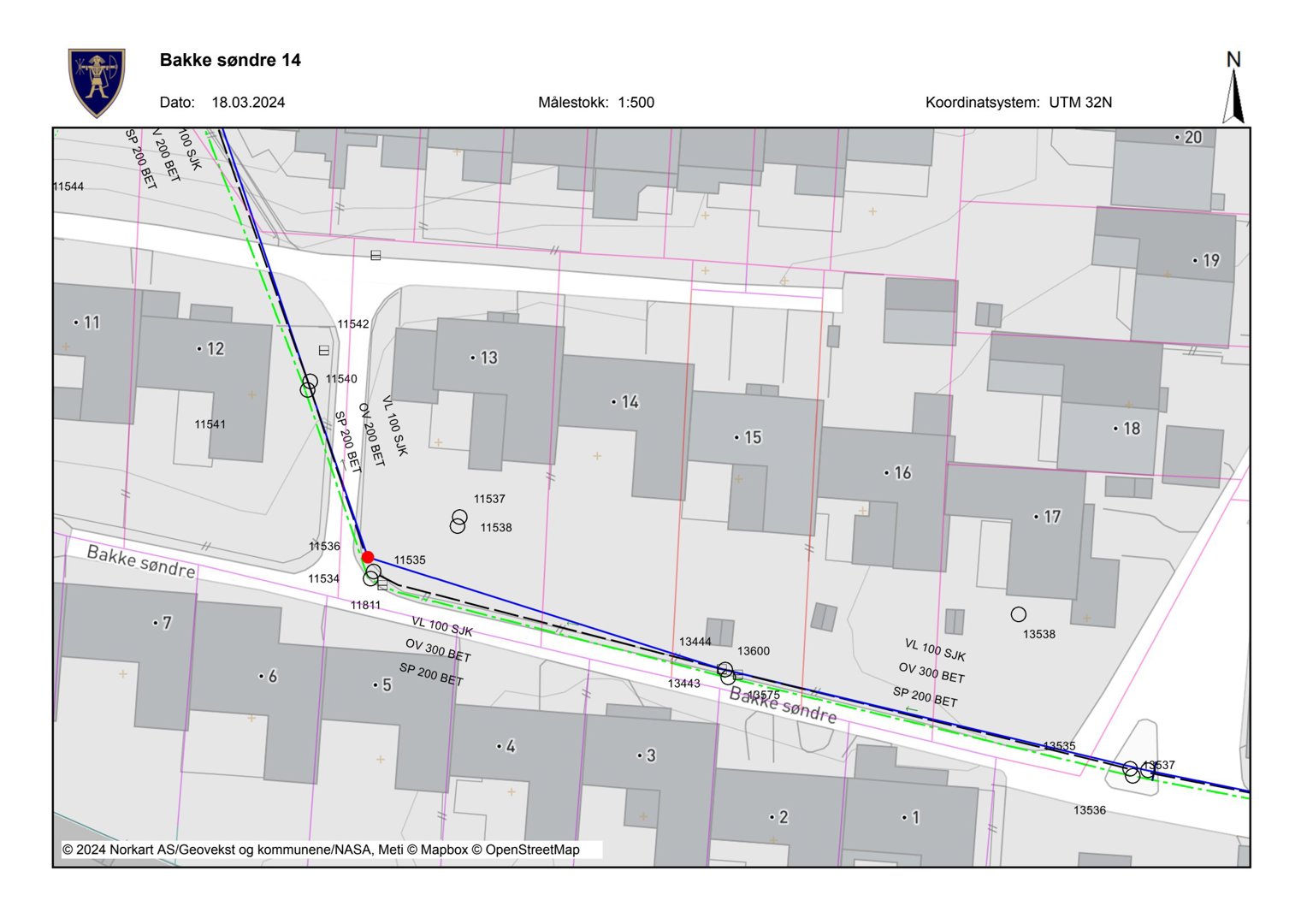 Situasjonsplan som viser eiendomsinndeling, vegforløp og bygningers plassering i området Bakke søndre 14.