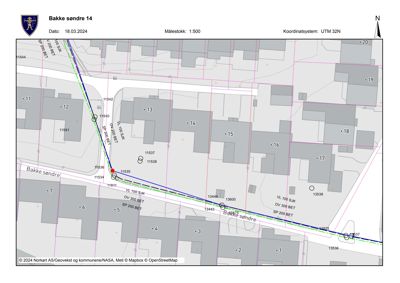 Situasjonsplan som viser eiendomsinndeling, vegforløp og bygningers plassering i området Bakke søndre 14.