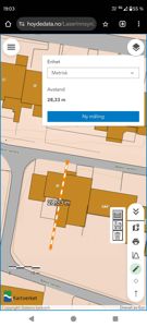 Kartutsnitt fra Statens kartverk som viser et bygg med en målt avstand på 28,33 meter.