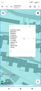 Kartutsnitt fra Kartverket som viser etasjeplaner (grå områder) og en popup-vindu med høydedata for en spesifikk koordinat.