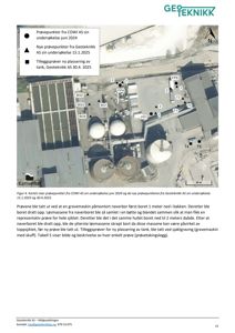 Et kart over et industriområde som viser plassering av prøvetakingspunkter (markert med symboler) og bygninger.