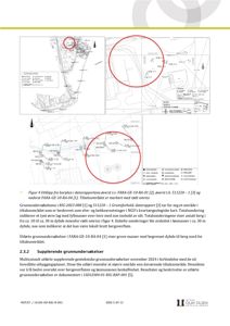 Bildet viser en situasjonsplan eller et kart over et område med markerte områder (røde sirkler) og tekster som refererer til grunnundersøkelser, boreplasser og geologiske forhold.