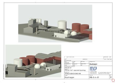 3D-visualisering (rendering) av et industrielt anlegg med tankanlegg og bygninger.