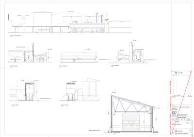 En samling av snittegninger (RIB-0-3-01) som viser tverrsnitt gjennom ulike deler av en bygning, inkludert takkonstruksjon, veggtykkelse og grunnplan.
