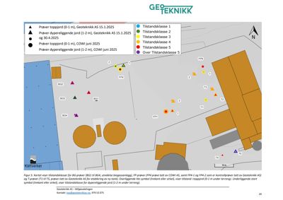 Kart som viser tilstandsklasser for prøver tatt av Geoteknikk AS og COWI på et område med bygninger (BG-prøver og FP-prøver).