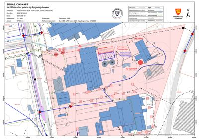 Situasjonskart som viser bygningers plassering, arealer og infrastruktur i forhold til naboeiendommer og veger.