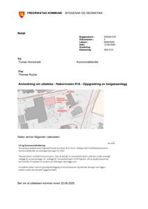 Situasjonskart som viser eksisterende bygninger og planlagt plassering av nytt biogassanlegg og pumpeledning.