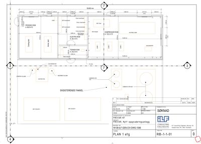 Etasjeplan (PLAN 1 etg) som viser romfordeling, dimensjoner og plassering av utstyr i en teknisk anlegg.