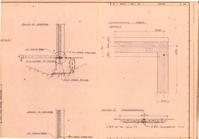 Tegning som viser detaljerte snitt og oppriss av en konstruksjon, sannsynligvis en søyle eller hjørnekonstruksjon med angitte dimensjoner og materialer.